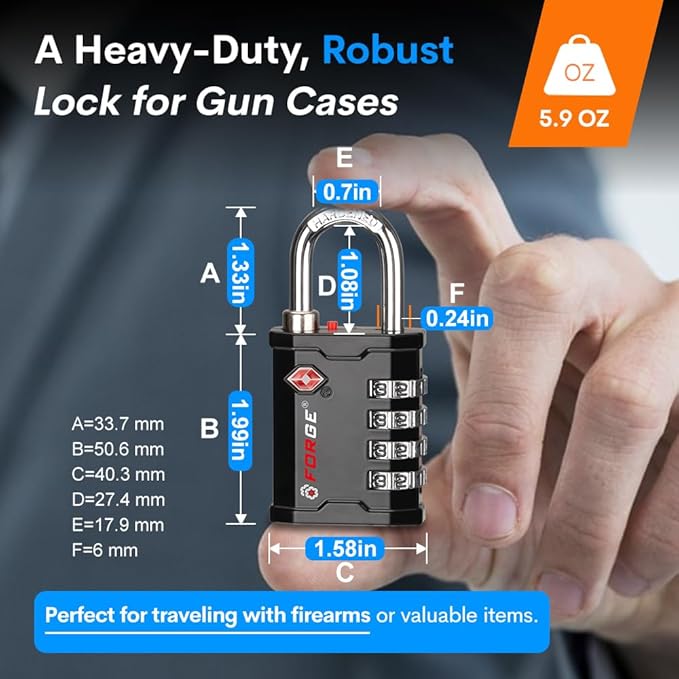 FFORGE 4-Digit TSA Approved Travel Locks – TSA008 Key System, Key Duplication Impossible, Heavy-Duty Combination Padlock for Travel, Gym, Pelican Case. Black 1 Lock.