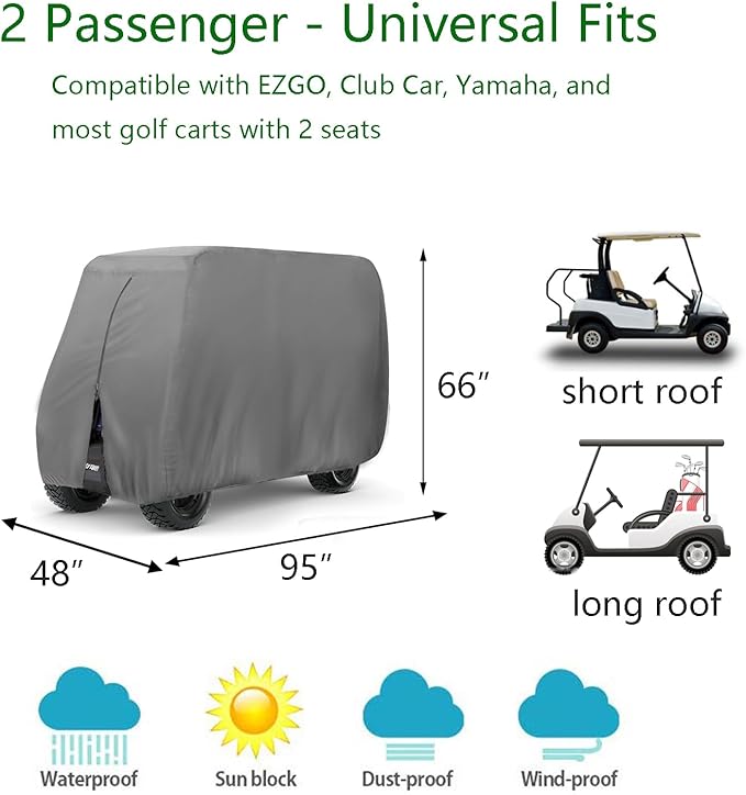 FLYMEI Golf Cart Cover Waterproof, 420D Fabric Universal Fits for Most Brand 2/2+2/4/4+2 Passengers Yamaha, Honda, Club Car, EZGO Golf Cart
