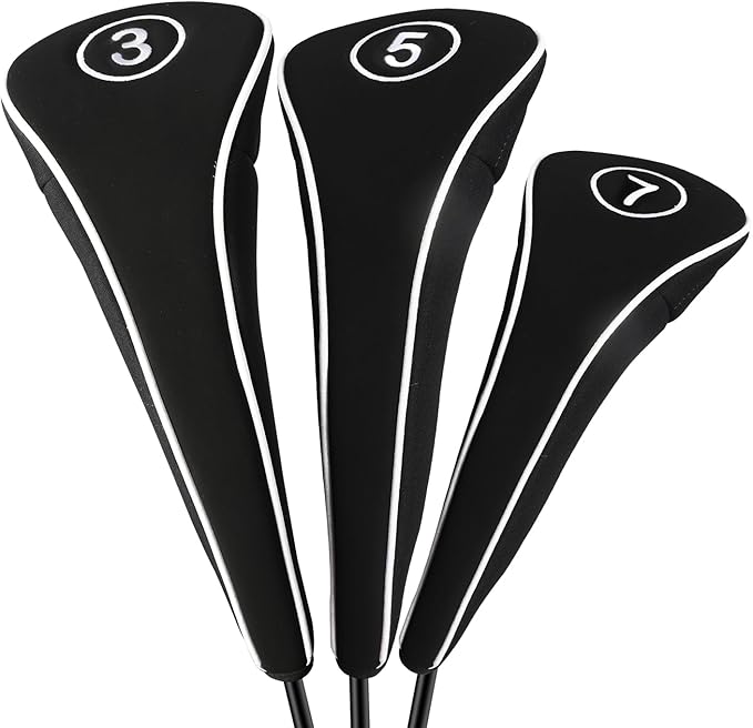 Golf Club Head Covers with Zipper - Balck Golf Club Covers for Woods and Driver Fairway Hybrids, Golf Accessories Headcovers Set