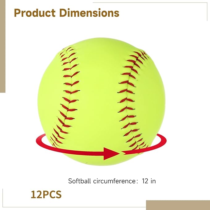12 Pack Softballs 12 Inch, Softball Practice Balls, Soft Cork Core, Fluorescent Yellow PVC Official Size & Weight Slowpitch Softballs for Training, Games, Practice