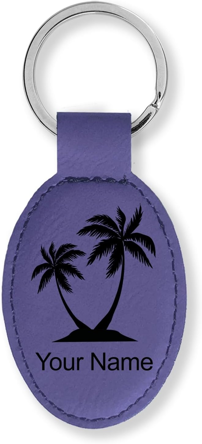 LaserGram Oval Keychain, Palm Trees, Personalized Engraving Included (Dark Purple)