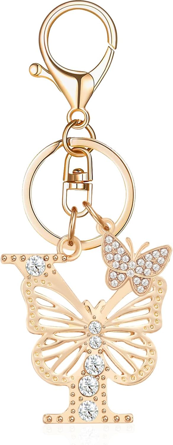 Gold Plated Alphabet Initial Letter Keyring Keychain for Women Girls Crystal Key Chains for Wallet Backpack Bag Charm
