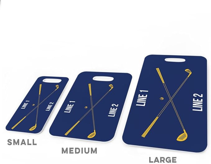 ChalkTalkSPORTS Golf Luggage & Bag Tag | Personalized Crossed Golf Clubs | Standard Lines on Back | Small | Navy/Gold