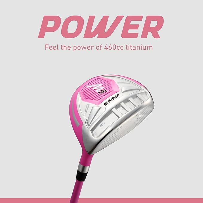 Precise M5 Womens Golf Clubs Full Set, Titanium Driver, S.S. Fairway, S.S. Hybrid, S.S. 5-PW Irons, Putter, Stand Bag, 3 H/C's, Golf Clubs Women Right Handed, Pink