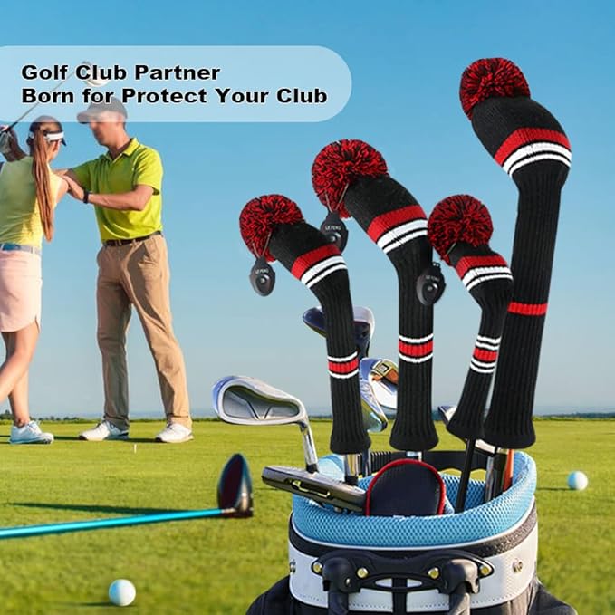 LeFeng 1Pcs Golf Club Cover, Knitted Golf Head Cover for 460cc Driver Fairway Woods and Hybrid with Cute Pom Pom and Number Tag