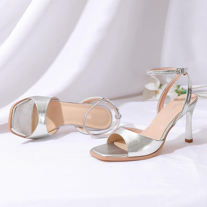 Mostrin Strappy Heels for Women Square Open Toe Lace Up Heeled Sandals Ankle Strap Sexy Stiletto High Heels for Party, Prom, Dating, Wedding