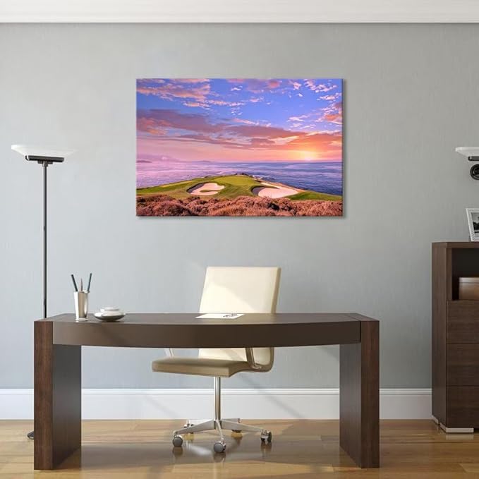 Pebble Beach Golf Course Hole 7 Wall Art Prints - Monterey California USA Golf Course Canvas Wall Art for Living Room Bedroom Bathroom Home Decorations Gifts Framed Ready to Hang(18''H x 24''W)