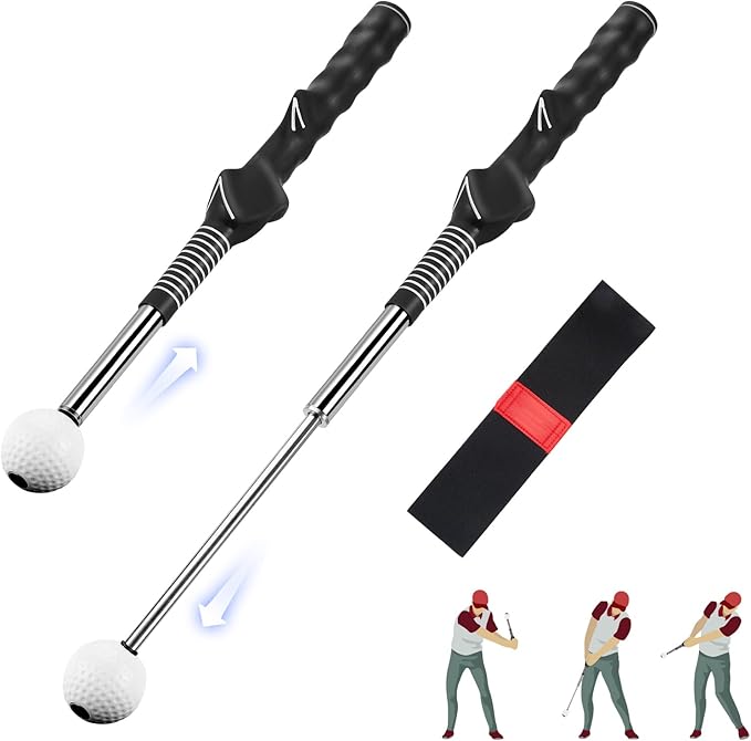 welspo Retractable Golf Swing Trainer Aid with Arm Band, Rhythm Click Sound, Warm-Up and Grip Trainer, Right-Handed Golf Club for Improve Chipping and Hitting Strength