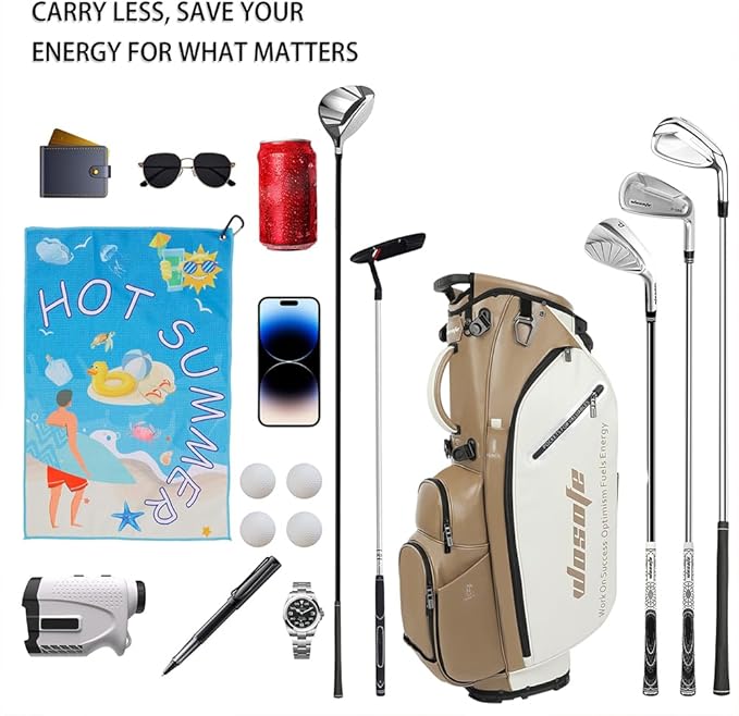 Lightweight 14-Way Golf Stand Bag, PU Leather Golf Bag Waterproof Men Women Full Length Top Dividers, Multiple 8 Pockets Cooler Pouch Adjustable Detachable Shoulder Dual Straps Rain Cover Hood