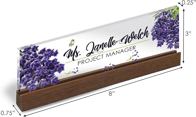 Artblox Personalized Office Desk Name Plate and Business Card Holder | Clear Acrylic Glass with Teak Wood Stand | Lavender Flowers Design Customized with Your Name and Credentials Office Desk Décor