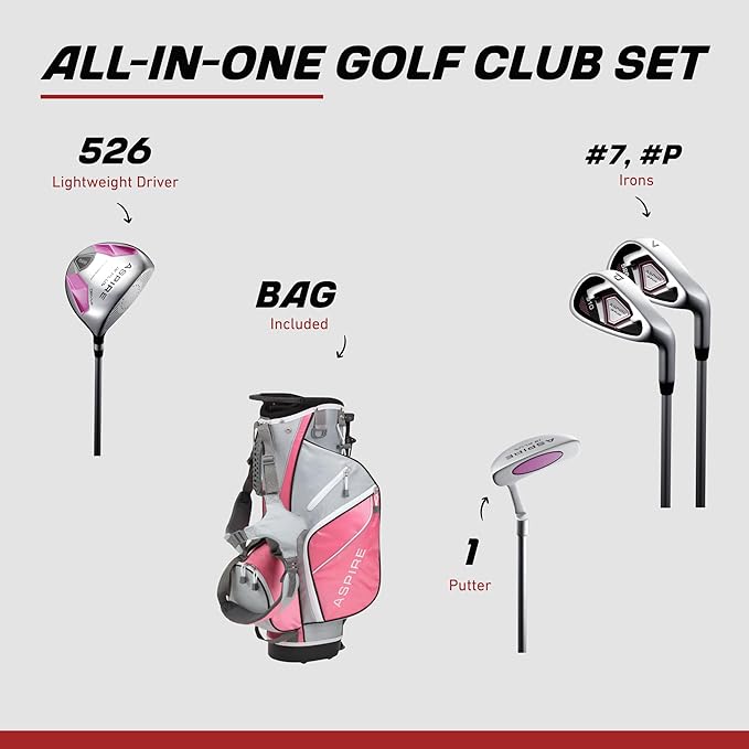 Aspire Junior Plus Kids Golf Clubs – Boys’ & Girls’ Right-Handed Golf Set with Lightweight Stand Bag, Graphite Shafts & Aircraft-Grade Aluminum Clubs