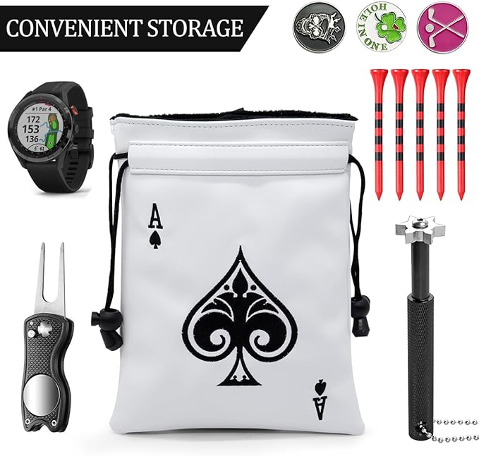 montela golf Valuables Pouch,Ace Poker Golf Bag Pouch with Drawstrings Golf Tee Bag Leather Golf Tee Pouchs for Men Women