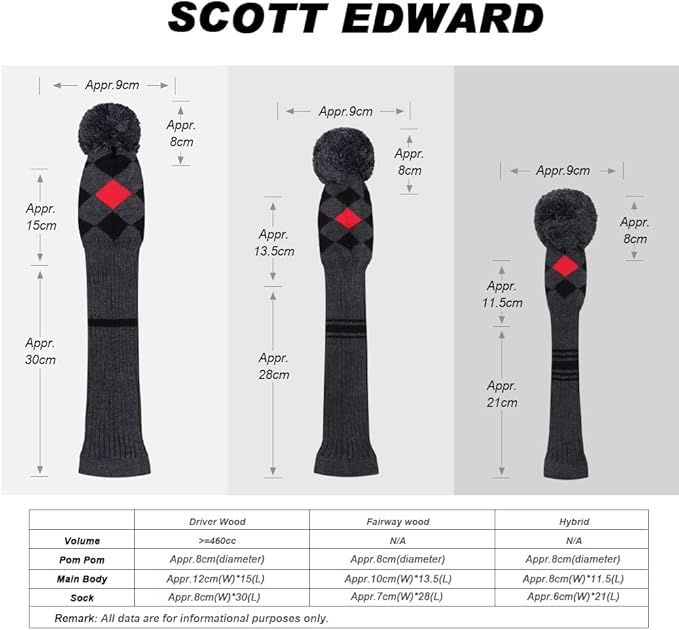 Scott Edward Knit Wood Golf Club Head Covers 4 Pieces Knitted Item Fit Over Well Driver Wood(460cc) Fairway Wood and Hybrid(UT)