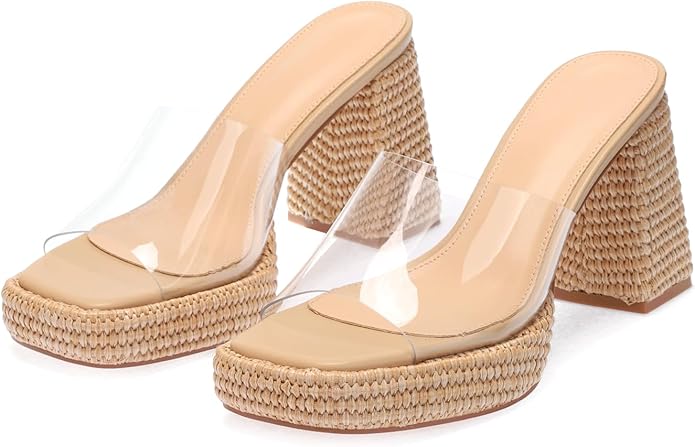 Monrovia Womens Sandals Heels for Women Slide On Block Chunky Platform High Heels Open Toe Raffia Wedge Sandals