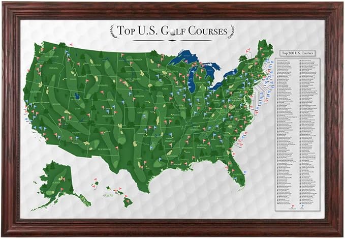 Push Pin Travel Maps Customizable Wall Art - Top Golf Courses USA Map - Solid Wood Cherry - Framed Pin Map, Includes 150 Pins - Handcrafted in USA - 27.5" x 39.5"