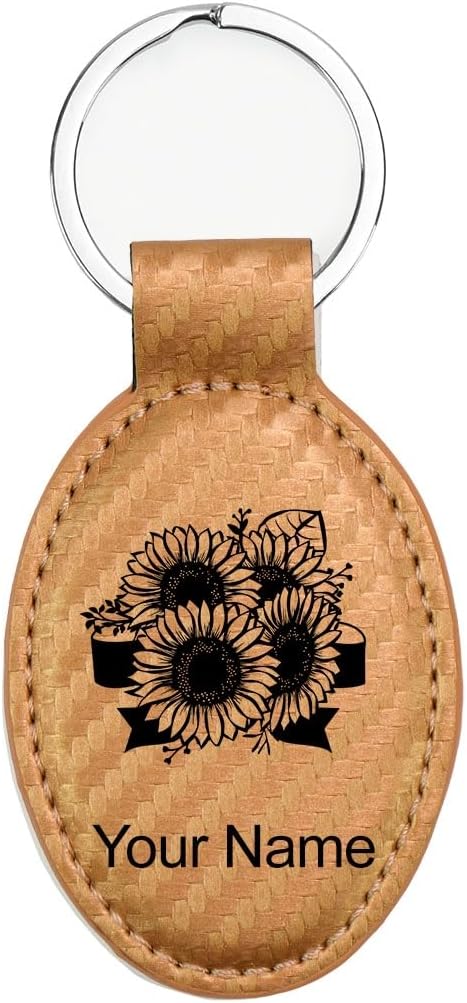 LaserGram Oval Keychain, Sunflowers, Personalized Engraving Included