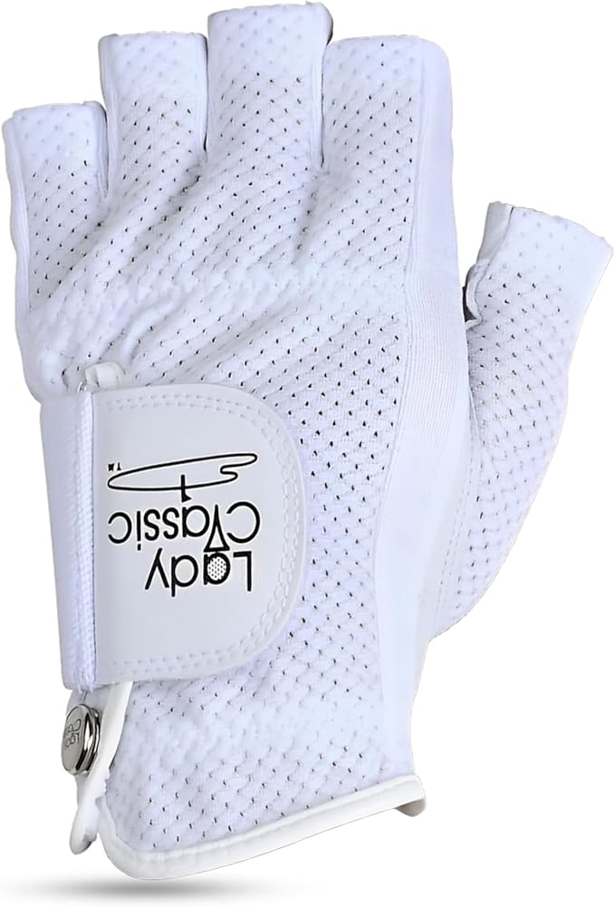 Mesh Half Golf Glove for Women – Premium Cabretta Leather Palm, Breathable Mesh Back, Half-Finger Design Ladies Golf Glove for Enhanced Grip & Comfort