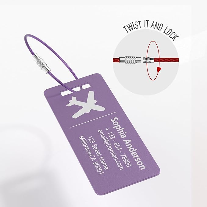 4 Pack Personalized Luggage Tags, Custom Engraved Aluminum Luggage Tags with Your Personalized Text, Waterproof Metal Name Tags with Steel Loop for Bags, Suitcase, Baggage, Backpack (Purple, Small)