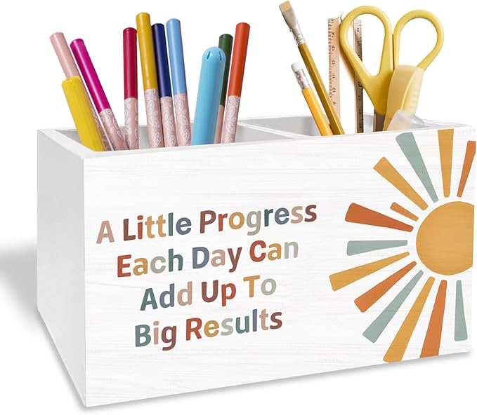 Boho Sun Inspirational Pen Pencil Holder for Desk, Boho Classroom Decor, A Little Progress Each Day Motivational Wooden Box Sign Desk Decor for Classroom Kids Room Decoration