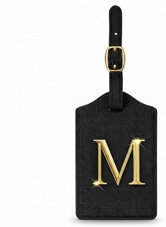 Personalized Initial Letter Luggage Tag for Suitcases PU Leather Baggage ID Tag with Metal Alphabet,Travel Accessory for Backpacks, Bags and Gift for Travelers (Black/Gold-Letter, M)