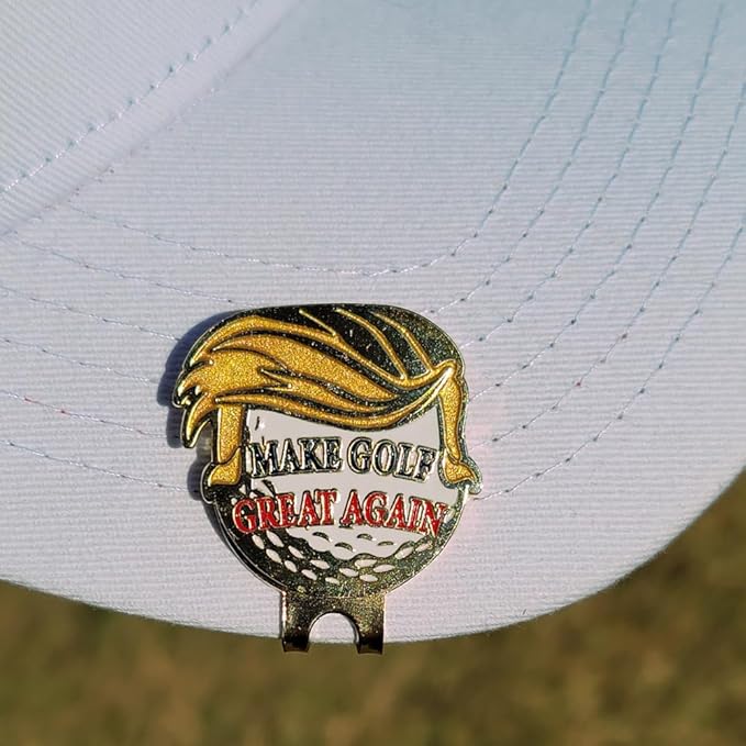 Make Golf Great Again Shaped Golf Ball Marker with USA Flag Magnetic Hat Clip - Patriotic, Fun Gold-Plated Golf Accessory for Avid Golfers