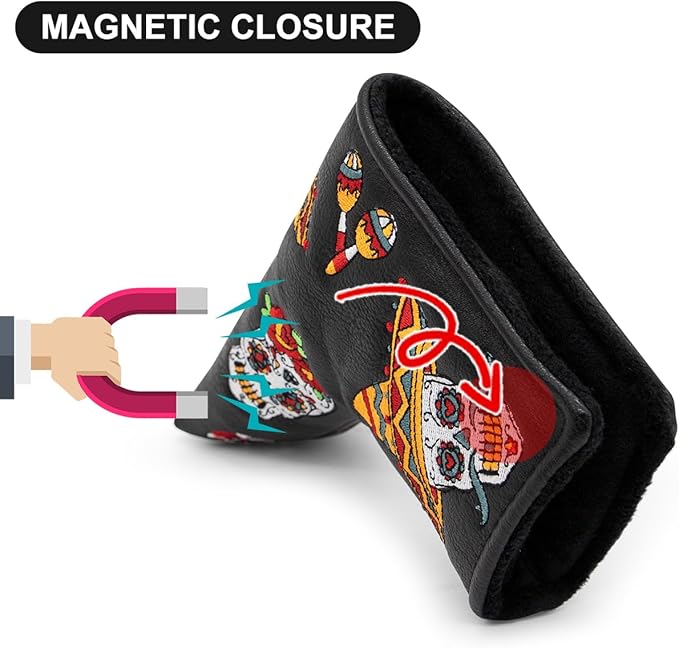 Golf Club Headcover for Drivers, Fairway Woods, Hybrids, and Mallet Blade Putter Sugar Skull Style Premium Leather Golf Headcovers Set with Interchangeable No. Tags