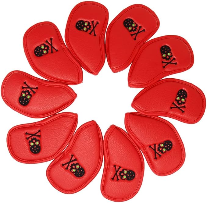 SEACLOUD 10Pcs Golf Skull Thick Synthetic Leather Iron Head Covers for Golf Iron Club Head Protectors