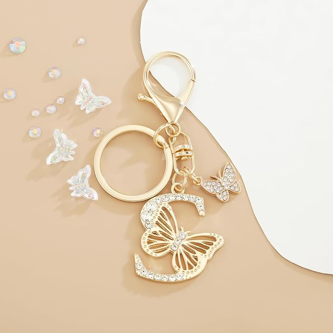 Gold Plated Alphabet Initial Letter Keyring Keychain for Women Girls Crystal Key Chains for Wallet Backpack Bag Charm