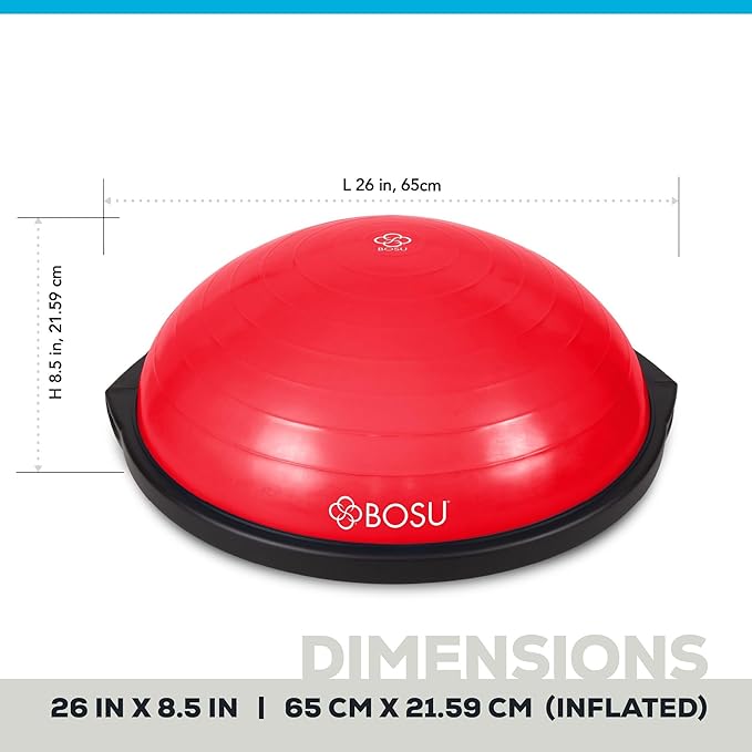 Bosu Balance Ball Exercise Trainer, Home Gym Equipment w/ Guided Workouts & Pump, 26", Blue - Inflatable Fitness Platform for Strength Training, Standing, Balancing, and Core Workout