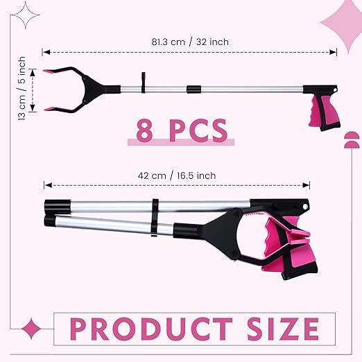 Ctosree 8 Pack 32" Trash Grabber Reacher Tool for Elderly, Foldable Litter Picker Upper, Lightweight Trash Pick up Stick, Long Handy Mobility Aids for Home Garden Arm Extension(Pink)
