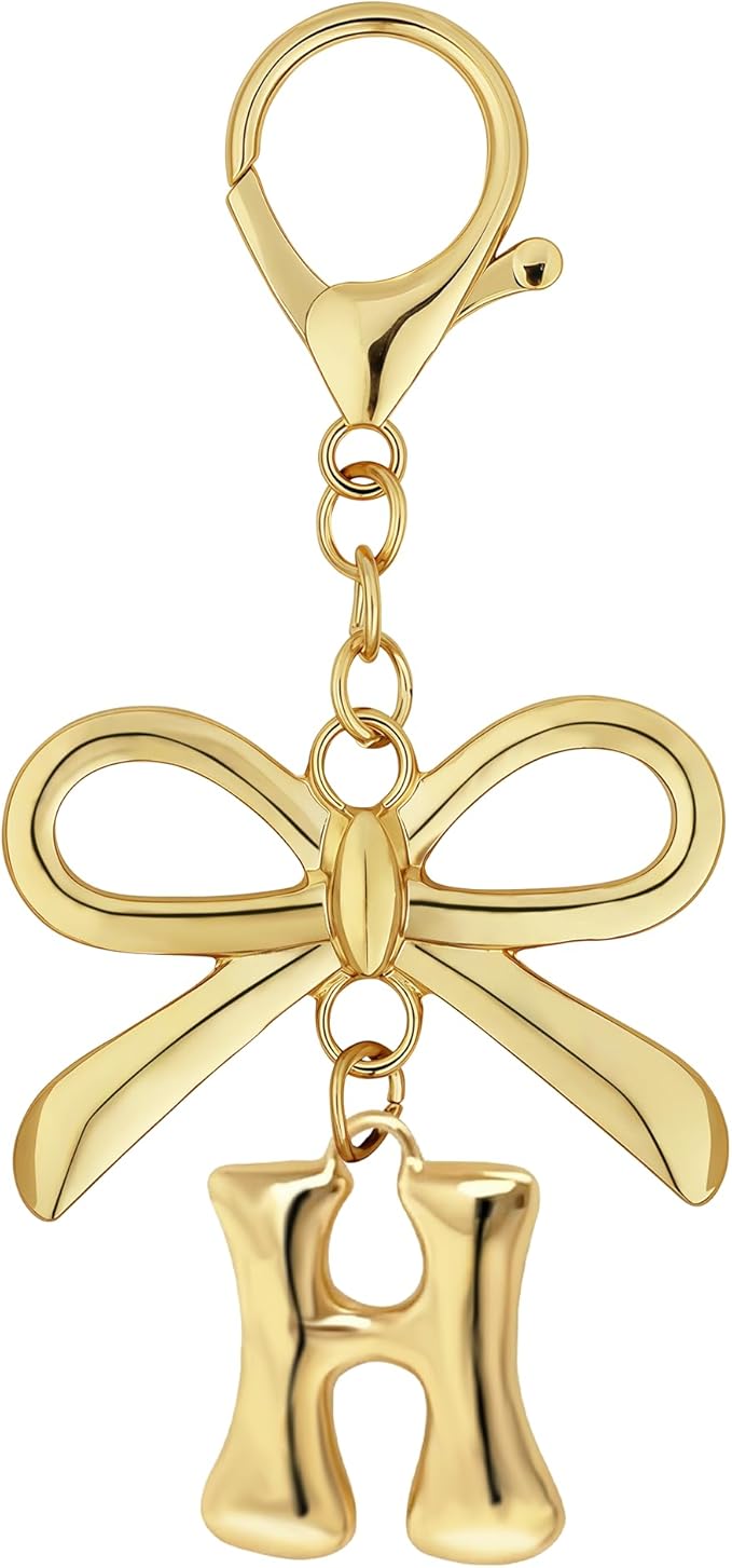 Gold Bubble Heart, Cherry, Bow & More Designs Letter Initial Keychain Bag Charms – Cute Purse Charms for Handbags