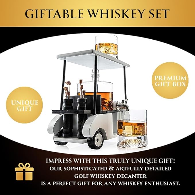 Golf Cart Decanter Whiskey Decanter and 2 Whiskey Glasses - The Wine Savant, Gift for Both Men & Women, Golfs Accessories, Golfer Gifts, Based on A Replica (850ml Decanter - 8 Ounce Glasses)