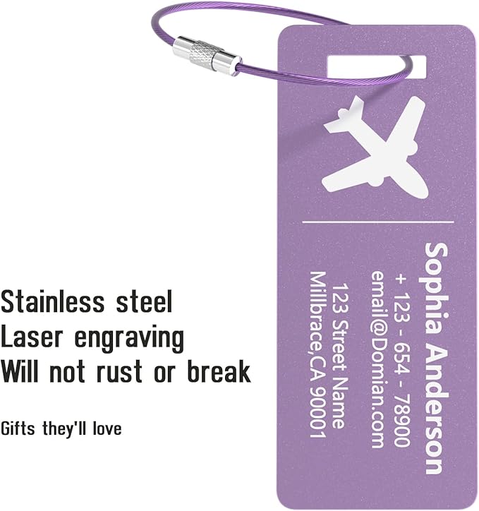 4 Pack Personalized Luggage Tags, Custom Engraved Aluminum Luggage Tags with Your Personalized Text, Waterproof Metal Name Tags with Steel Loop for Bags, Suitcase, Baggage, Backpack (Purple, Small)