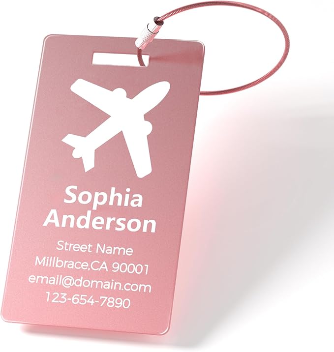 Personalized Metal Luggage Tags, Custom Suitcase Aluminum Name Tags with 5.9in Steel Ring, Laser Engraved Text and Logo, for Travel Gift, Baggage, Golf Bag (Pink)