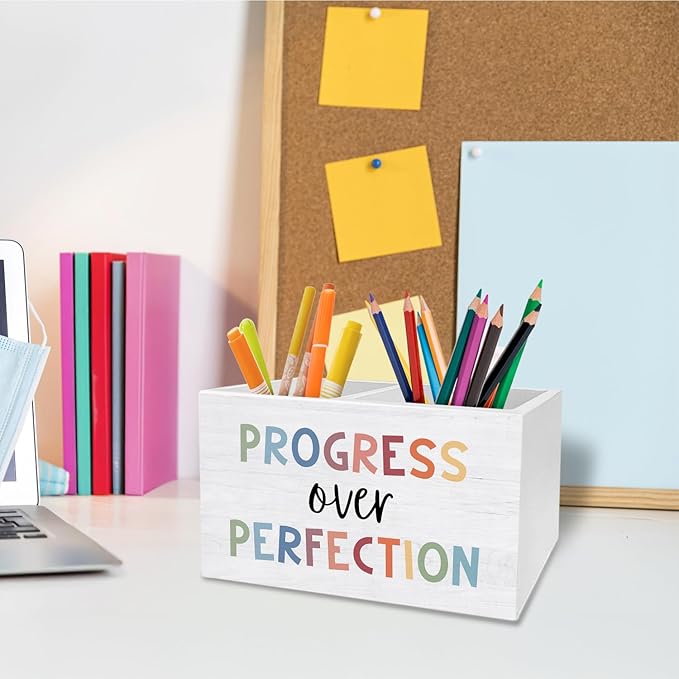 Boho Inspirational Classroom Decor, Motivational Pen Pencil Holder for Desk, Progress Over Perfection Affirmation Wooden Box Sign Desk Decor for Classroom Kids Room Decoration