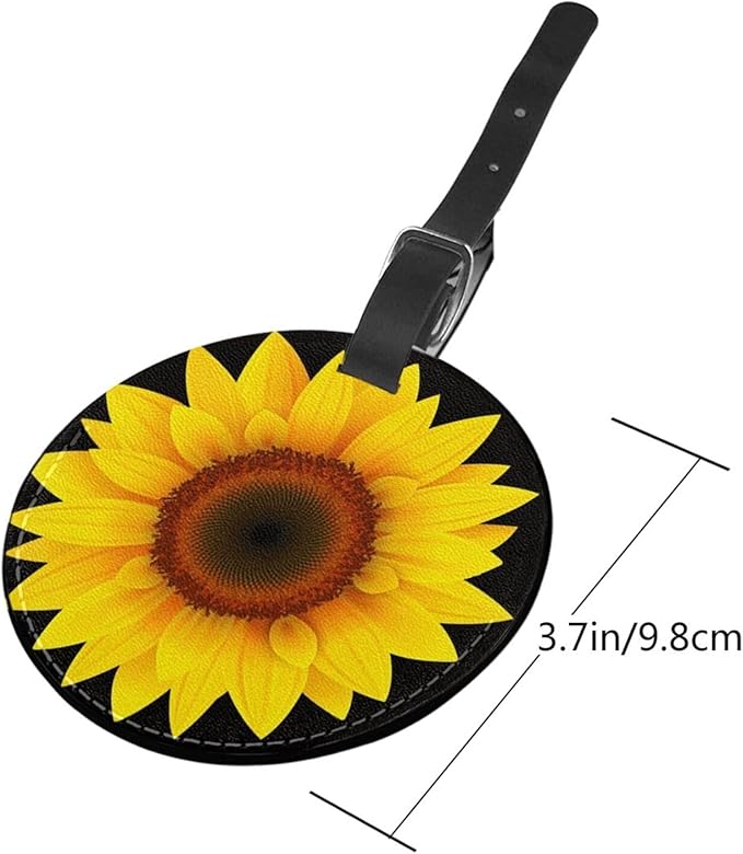 Sunflower Flower Black Luggage Tags for Suitcases, Pu Leather Baggage Tags Identifiers for Travel, Name Id Label Tags for Baggage Bag Women Men
