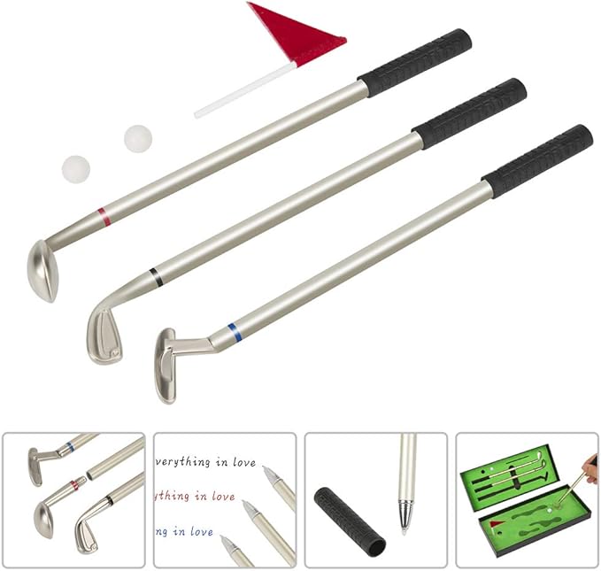 Golf Pen Set, Mini Desktop Golf Ball Pen, Top Golf Gift with Putting Green, 3 Golf Clubs Pens with Balls and Flag