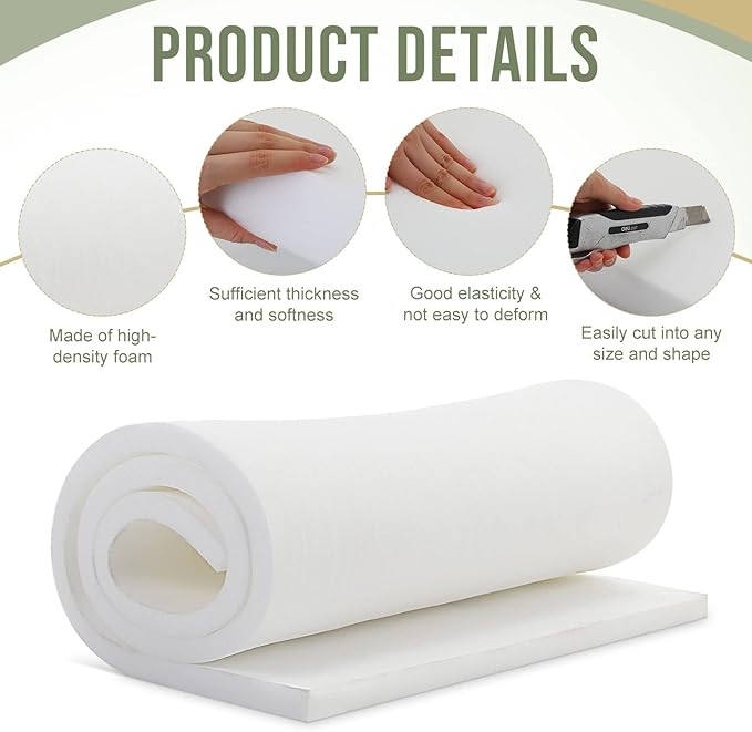 Frienda 2 Pcs Upholstery Foam 1/2" x 24" x 72" High Density Cushion White Polyurethane Craft Foam Padding for Seat Replacement DIY Projects Chairs Headboards Sofas Home