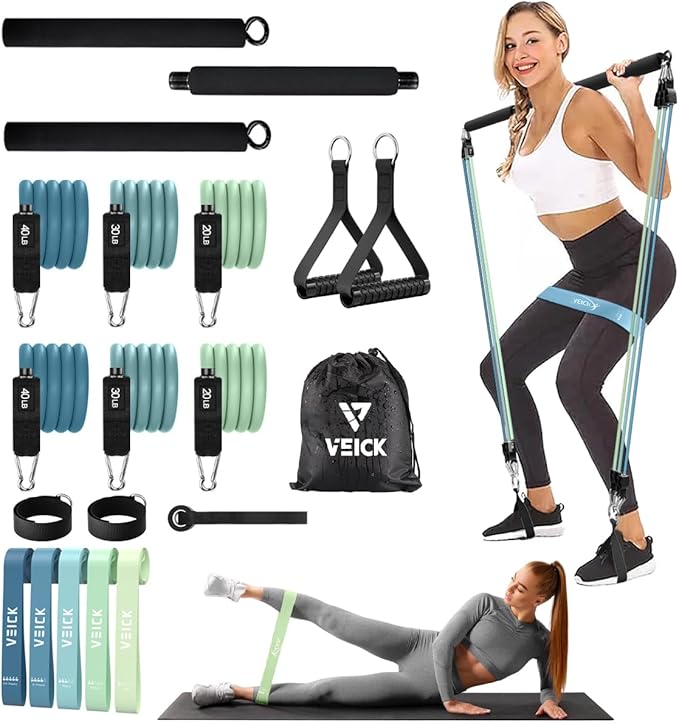 VEICK Pilates Bar Kit with Resistance Bands, Elastic Workout Bands for Men Women, Set of 5 Resistance Loop Bands for Home Fitness Stretching Strength Training
