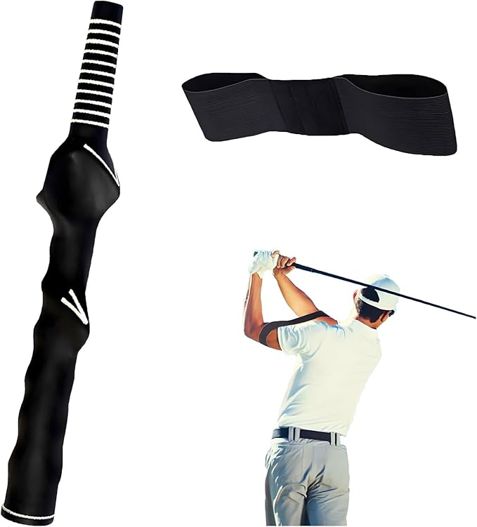 Golf Grip Swing Training Aids Right-Handed Golf Trainer Grips with Swing Correcting Arm Band Golf Swing Trainer Arm Band Attachment Golf Training Combo for Teenager Adult and Beginner(Black)