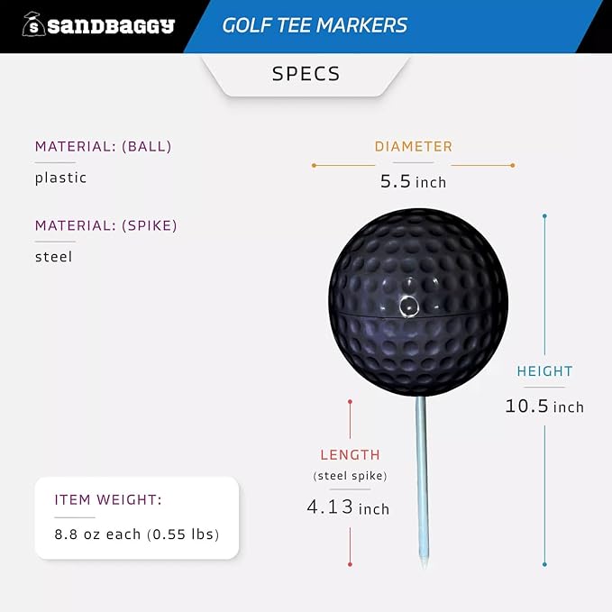 Sandbaggy Plastic Tee Markers for Golf Course (UV Resistant) - Steel Spike - Safety Caps Included