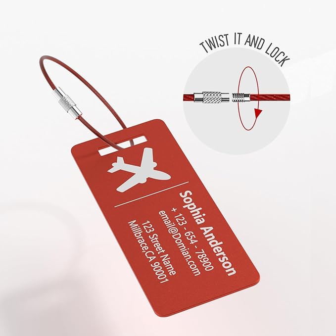 10 Personalized Metal Luggage Tags, Custom Suitcase Aluminum Name Tags with Steel Ring, Laser Engraved Name and Logo, for Travel, Backpack, Baggage, Golf Bag (Red)