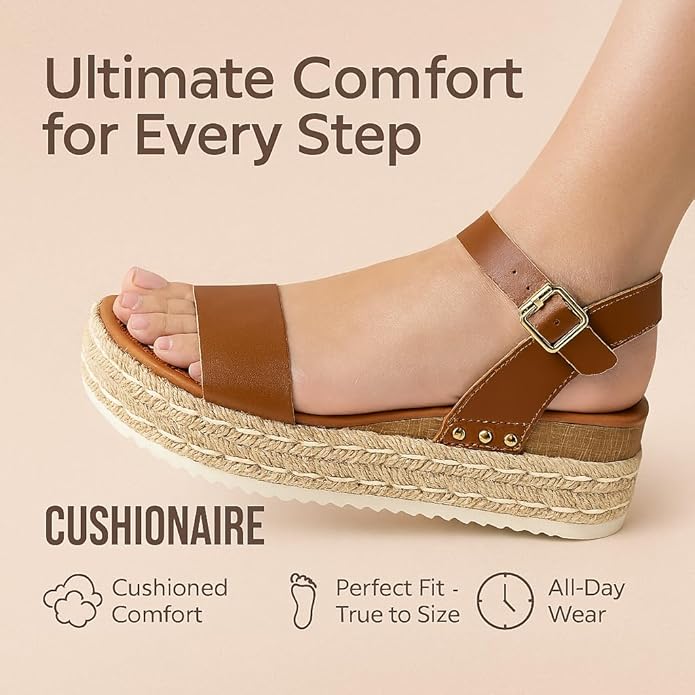 CUSHIONAIRE Melissa Espadrille Platform Sandals For Women with Adjustable Ankle Strap and Memory Foam Insole-Comfortable Womens Sandals for Summer