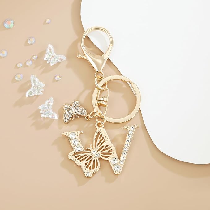 Gold Plated Alphabet Initial Letter Keyring Keychain for Women Girls Crystal Key Chains for Wallet Backpack Bag Charm