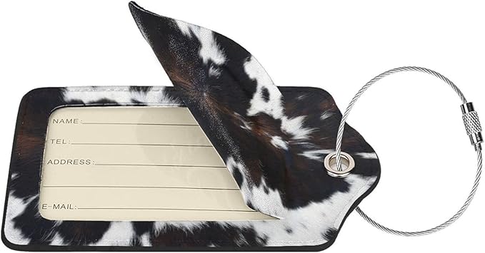 Cow Print Luggage Tags Set of 2 Leather Stainless Steel Loop Label Tag for Travel Bag Suitcase