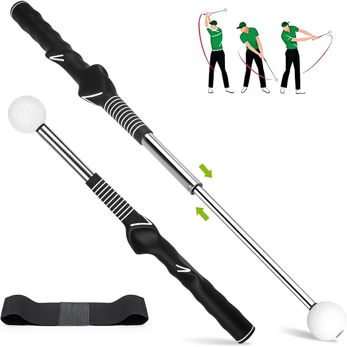 Retractable Golf Swing Training Aid, Golf Grip Trainer for Swing Tempo & Chipping Practice, Right-Handed Golf Swing Trainer with Arm Band for Beginners, Indoor Outdoor Practice