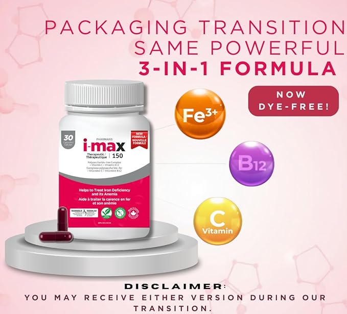 IMAX Iron Supplement 150 mg, Vitamin C 250 mg & B12 1000 mcg, Iron Supplement Treatment for Women & Men, Once Daily, 30 Capsules