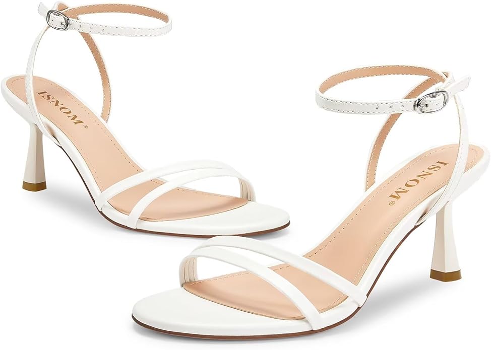 ISNOM Womens Sandals Round Toe Low Heels Strappy Ankle Strap Kitten Heel Comfort Dress Party Shoes