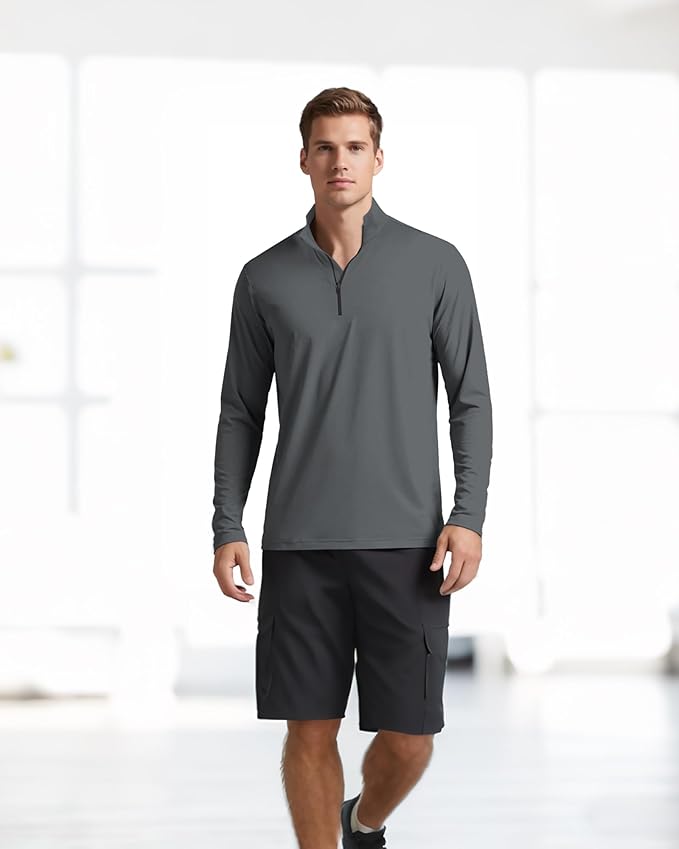 Mens Long Sleeve Shirts Quarter Zip Pullover UPF 50+ Sun Protection Wicking Moisture Workout Running Casual Athletic Tops