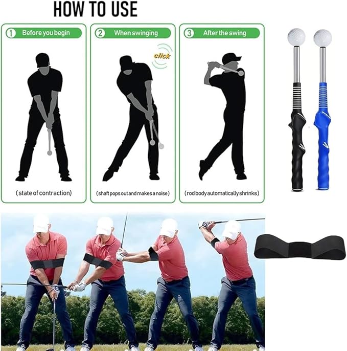 Golf Swing Training Aid Set- Retractable Golf Grip Swing Trainer& Arm Band, Indoor Outdoor Golf Practice Warm Up Stick